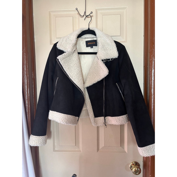 Women's Ambiance Outerwear Black Faux Shearling Moto Jacket S - Picture 2 of 6
